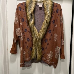 Flying Tomato Rust Brown Floral Cardigan with Faux Fur Trim